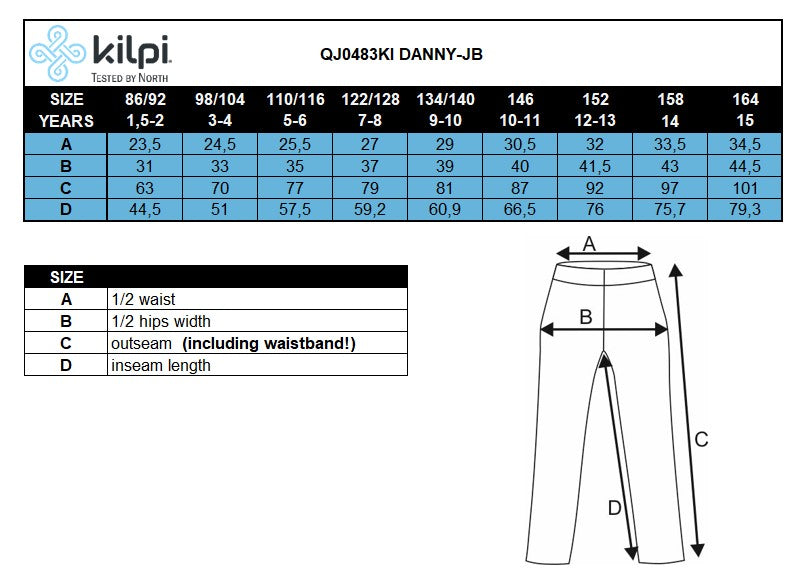 Kid´s cotton pants Kilpi DANNY-J – Size chart