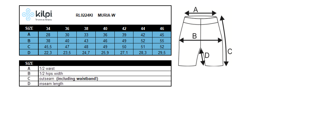 Women's cycling shorts Kilpi MURIA-W – Size chart