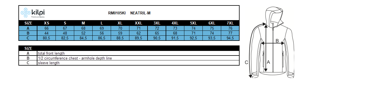 Men's softshell bunda Kilpi NEATRIL-M – Size chart