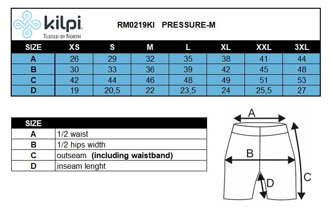 Pánske cyklistické šortky Kilpi PRESSURE-M – Tabuľka veľkostí