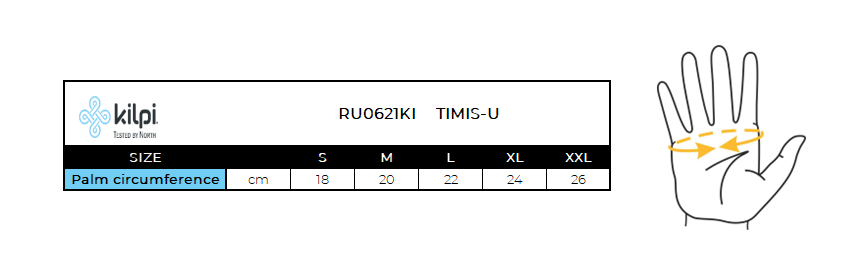 Cyklistické rukavice Kilpi TIMIS-U – Tabuľka veľkostí