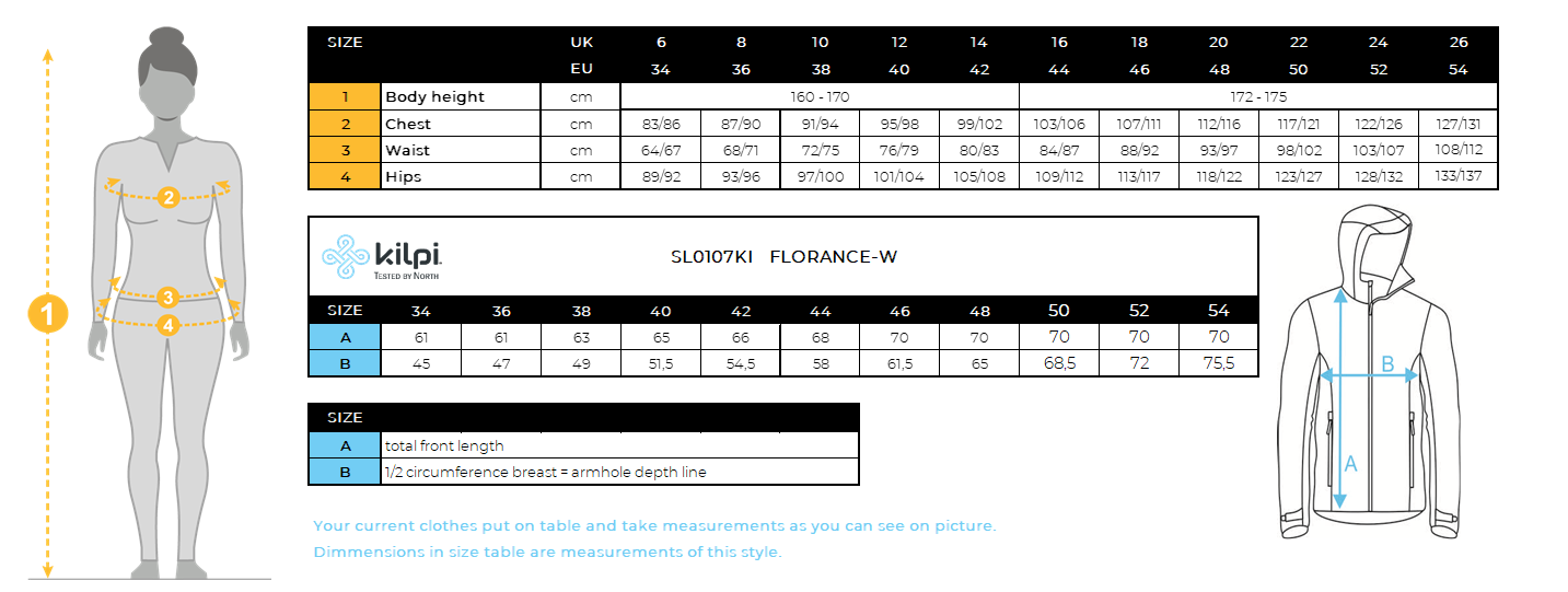 Women´s ski jacket Kilpi FLORANCE-W – Size chart