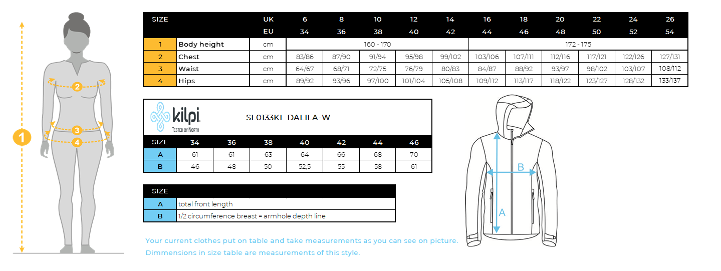 Women´s ski jacket Kilpi DALILA-W – Size chart