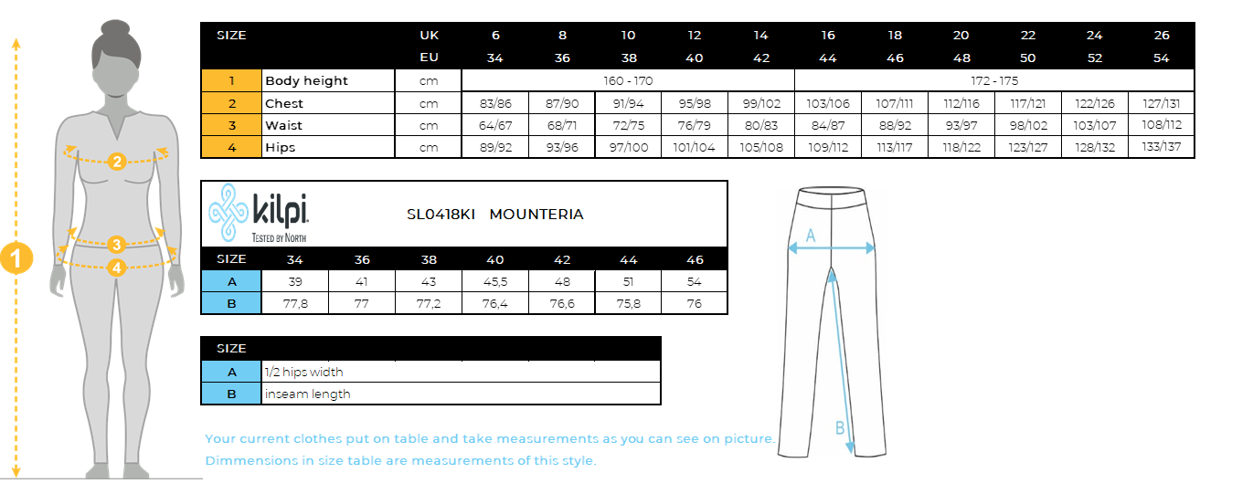 Women´s outdoor pants Kilpi MOUNTERIA-W – Size chart
