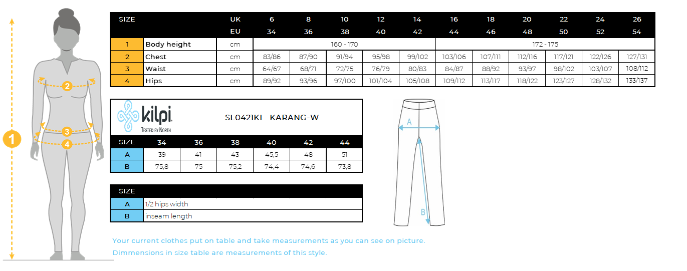 Women´s cross country leggings Kilpi KARANG-W – Size chart