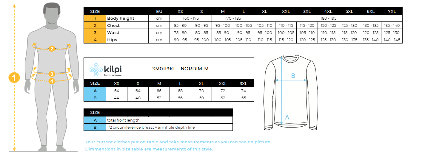 Men´s running jacket Kilpi NORDIM-M – Size chart