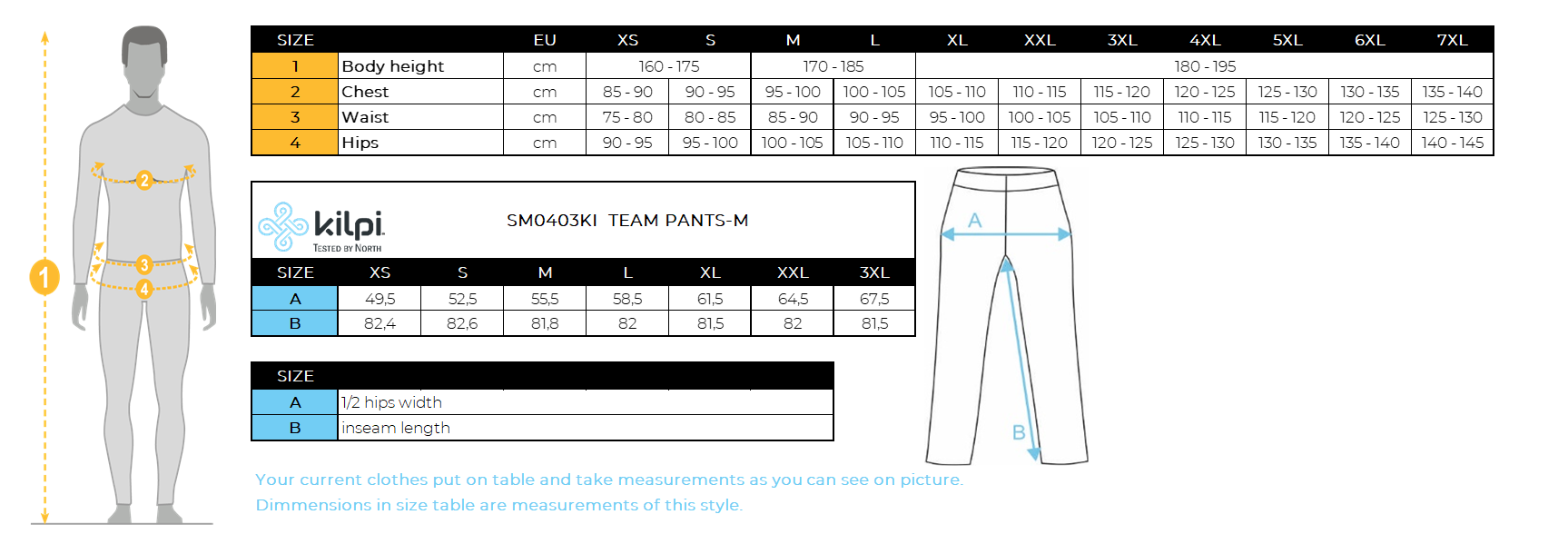 Men´s ski pants Kilpi TEAM PANTS-M – Size chart