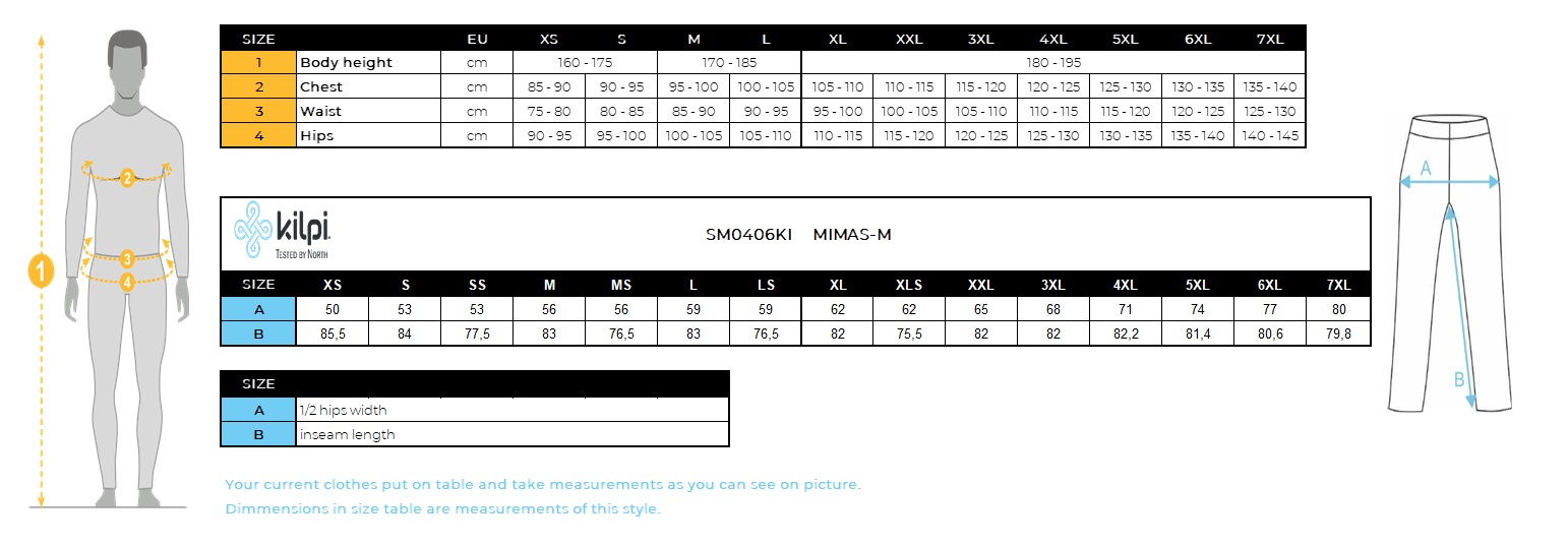 Men´s ski pants Kilpi MIMAS-M – Size chart