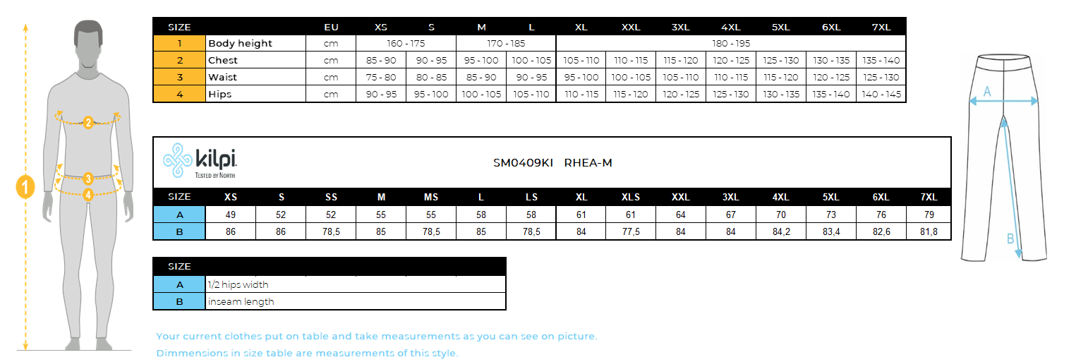 Men´s softshell ski pants Kilpi RHEA-M – Size chart