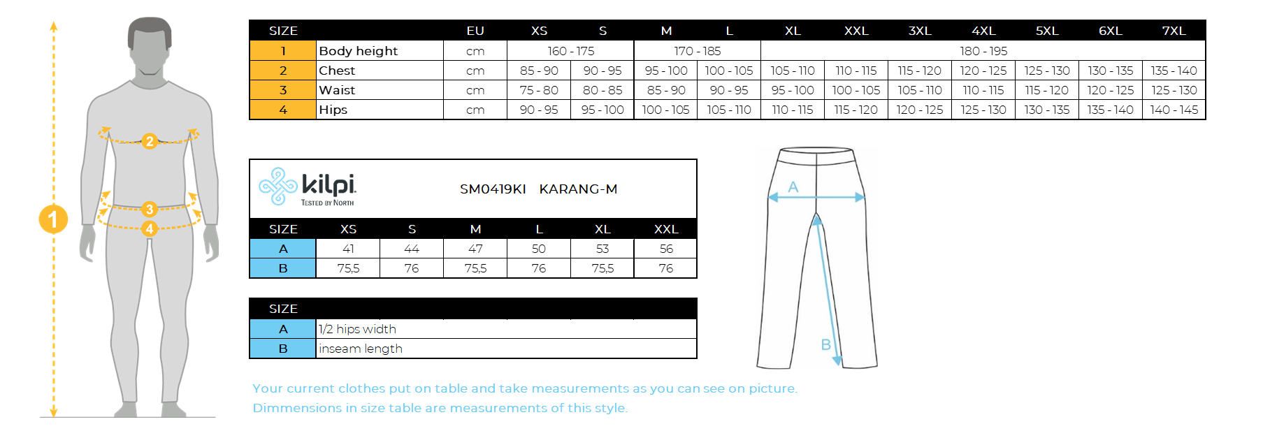 Men´s cross country leggings Kilpi KARANG-M – Size chart