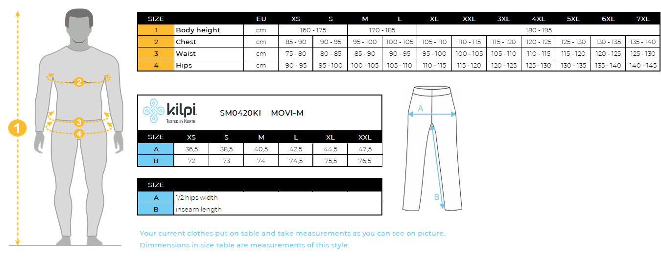 Men´s cycling pants Kilpi MOVI-M – Size chart