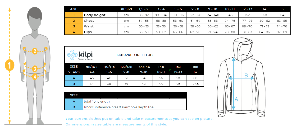 Boy´s outdoor jacket Kilpi ORLETI-JB – Size chart