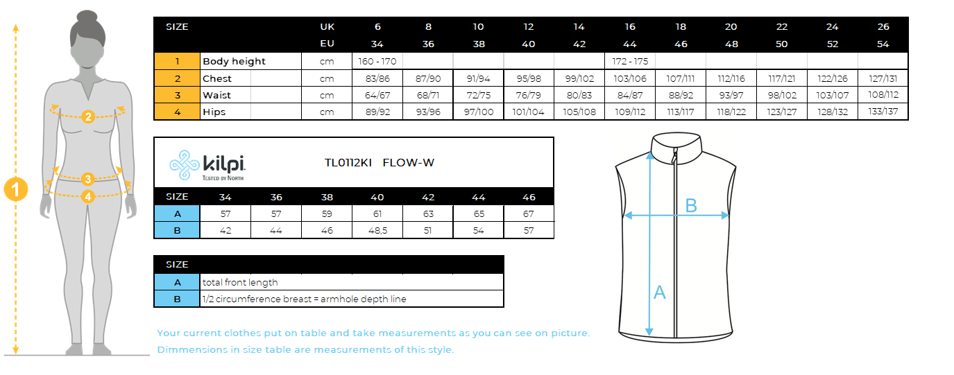 Women´s windbreaker vest Kilpi FLOW-W – Size chart
