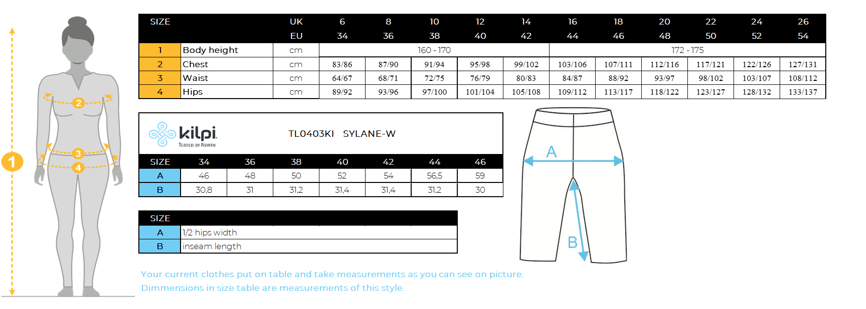 Women´s outdoor shorts Kilpi SYLANE-W – Size chart