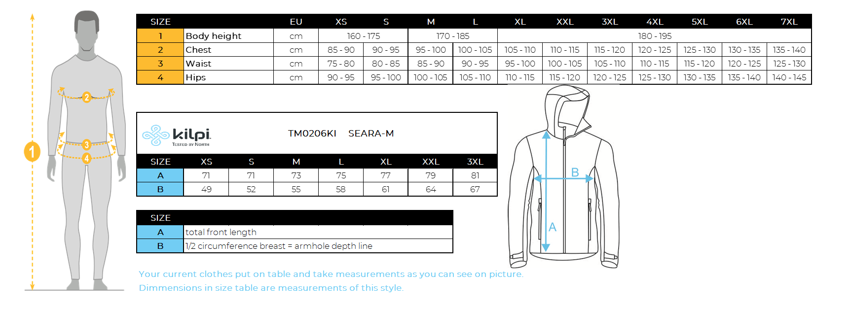 Men´s hoodie Kilpi SEARA-M – Size chart