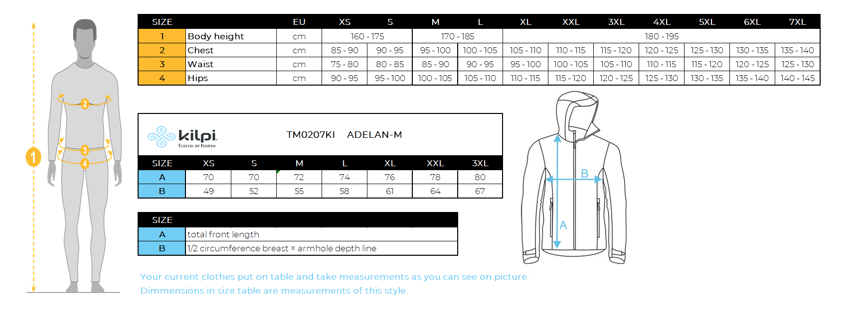 Men´s hoodie Kilpi ADELAN-M – Size chart