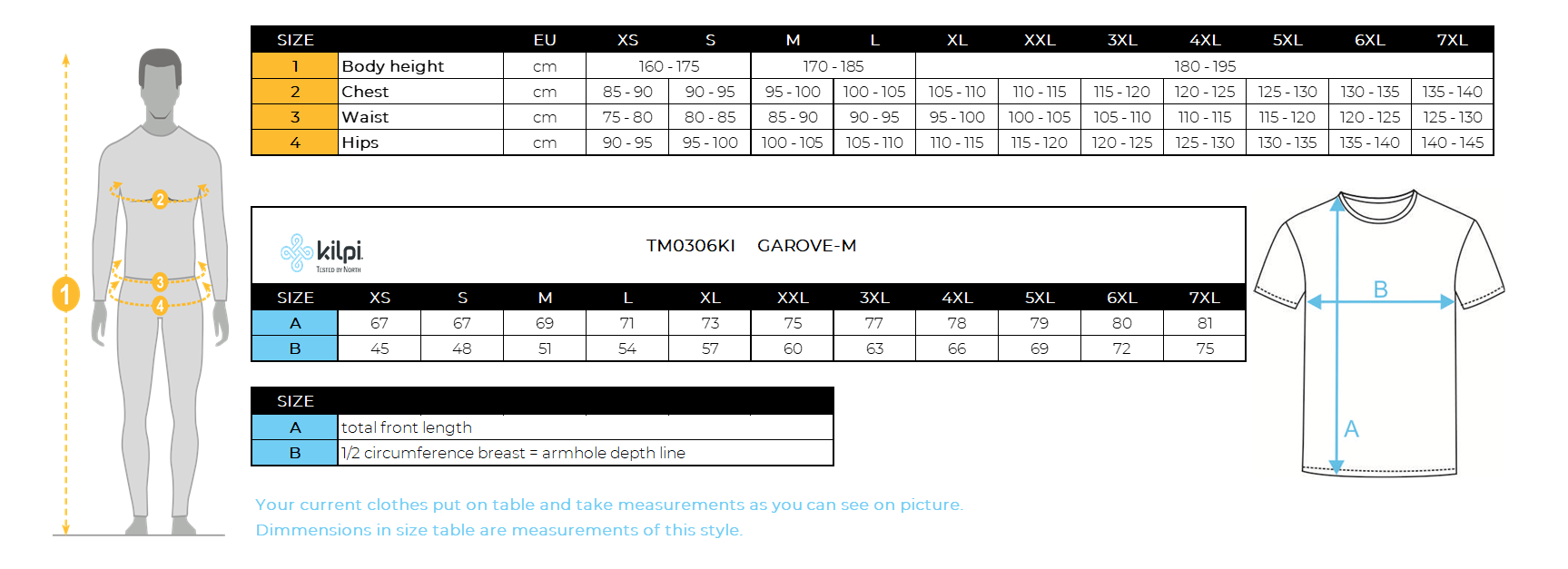 Men´s technical t-shirt Kilpi GAROVE-M – Size chart