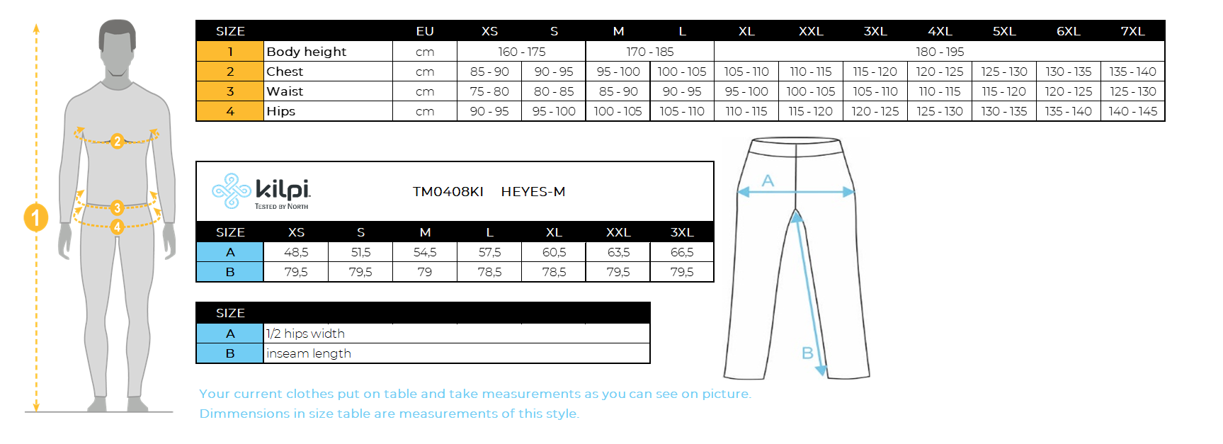 Men´s fitness pants Kilpi HEYES-M – Size chart