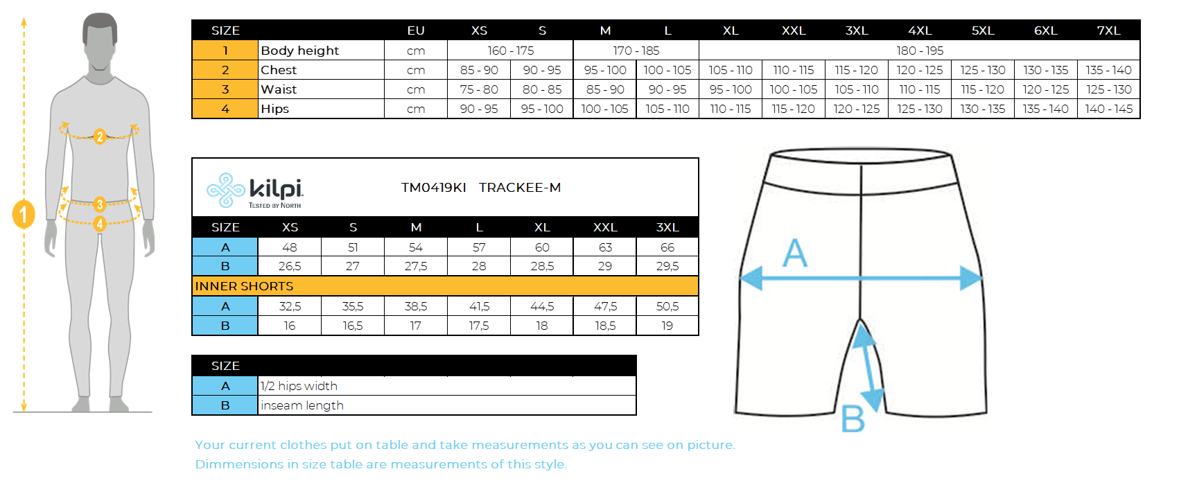 Men´s cycling shorts Kilpi TRACKEE-M – Size chart
