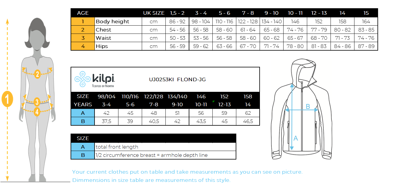 Kid´s fleece hoodie Kilpi FLOND-JG – Size chart