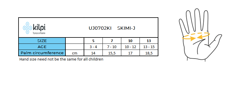 Detské lyžiarske rukavice Kilpi SKIMI-J – Tabuľka veľkostí