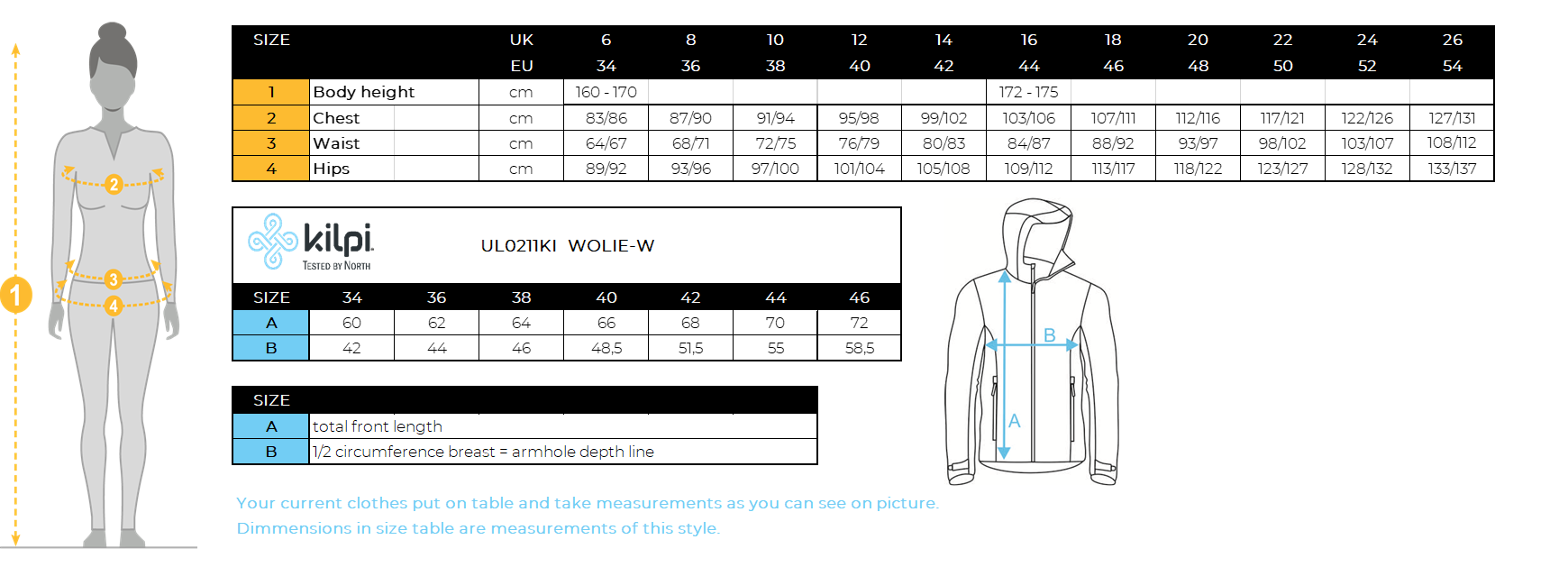 Women´s merino wool sweater Kilpi WOLIE-W – Size chart