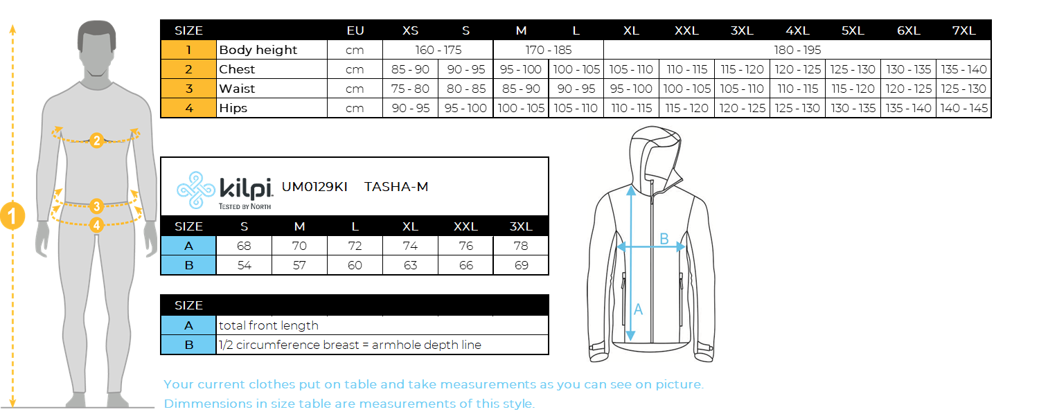 Men´s insulated jacket Kilpi TASHA-M – Size chart