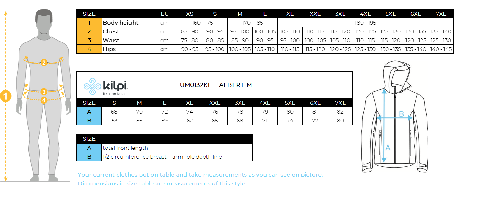 Men´s down jacket Kilpi ALBERT-M – Size chart