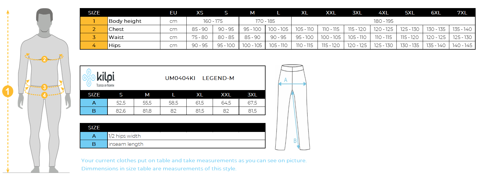 Men´s ski pants Kilpi LEGEND-M – Size chart