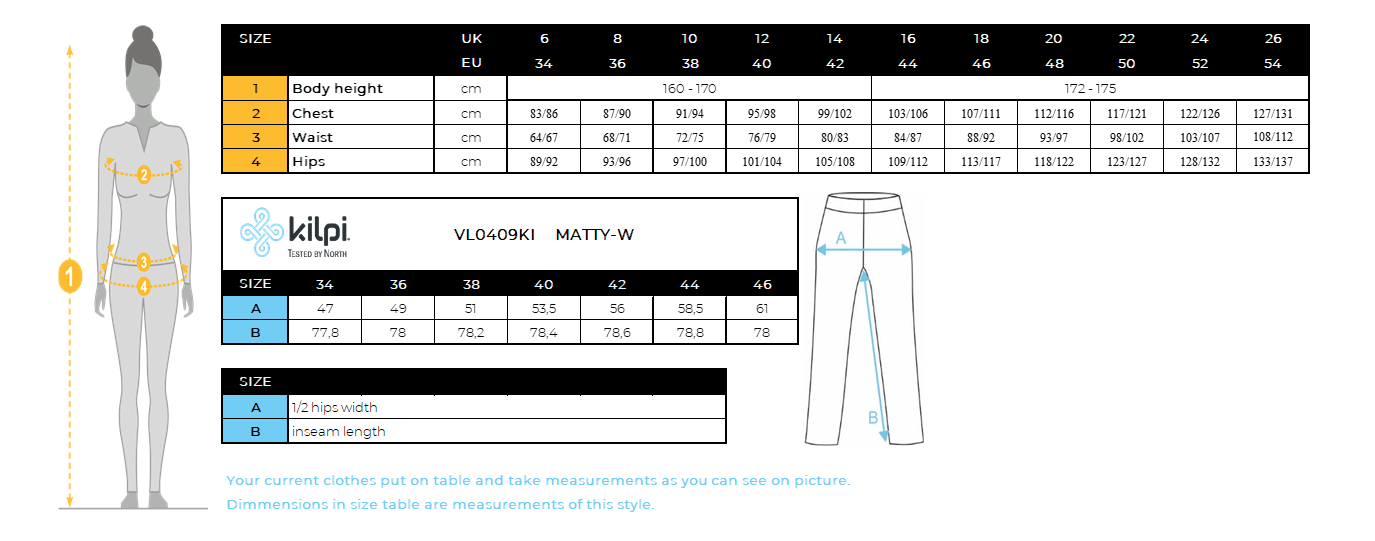 Women´s cotton tracksuit pants Kilpi MATTY-W – Size chart
