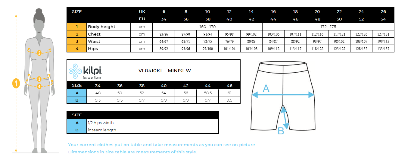 Women´s sport shorts Kilpi MINISI-W – Size chart