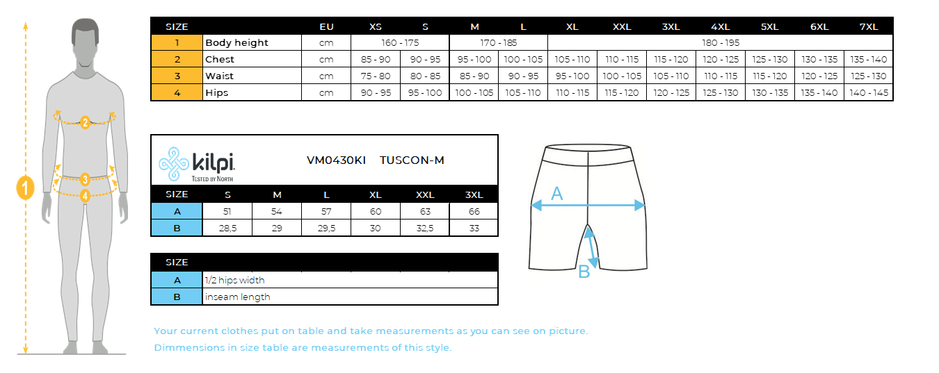 Men´s cotton shorts Kilpi TUSCON-M – Size chart