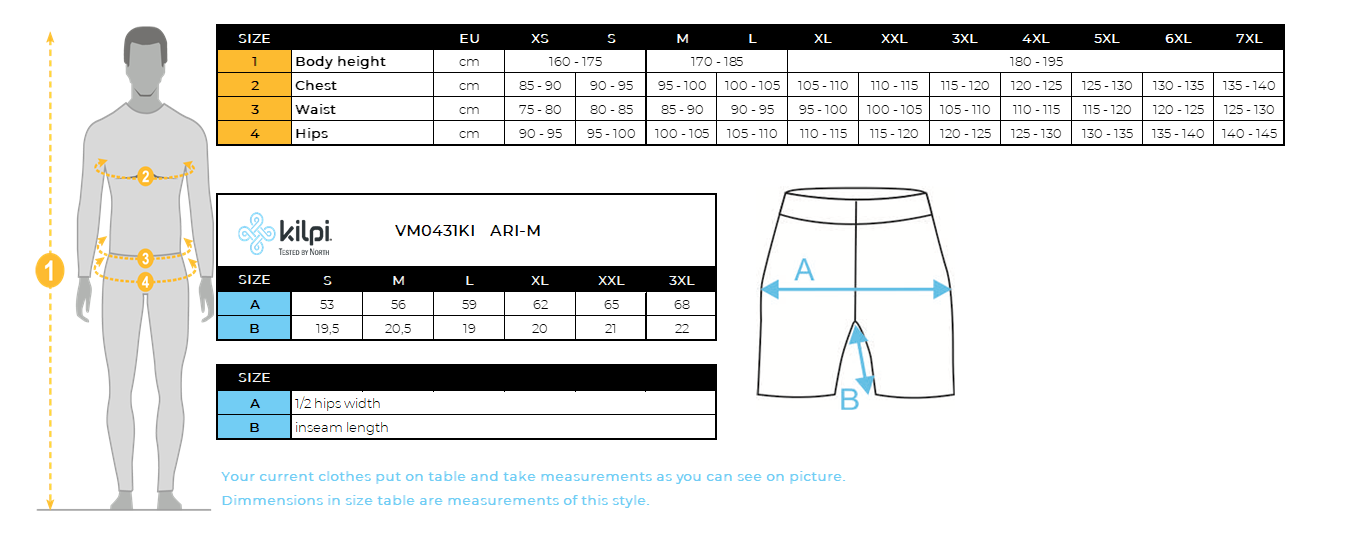 Men´s board shorts Kilpi ARI-M – Size chart