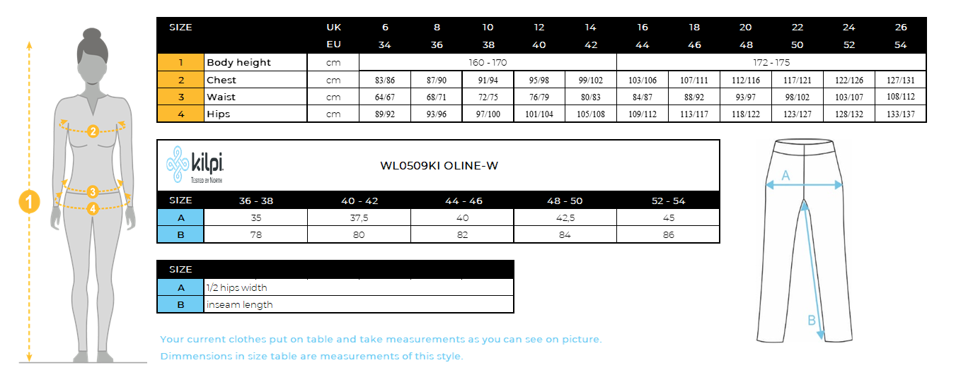 Women´s baselayer Kilpi OLINE-W – Size chart