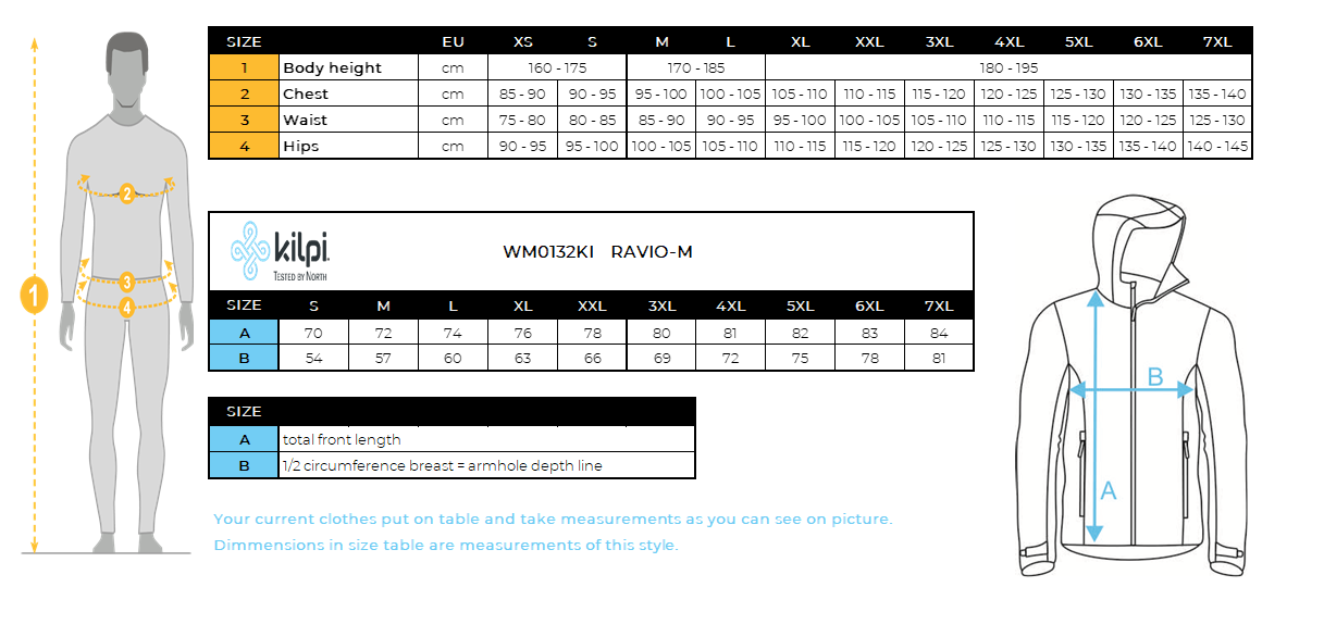 Men´s softshell jacket Kilpi RAVIO-M – Size chart