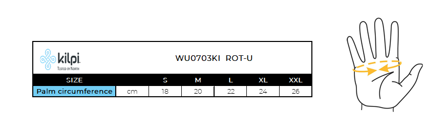 Softshellové rukavice Kilpi ROT-U – Tabuľka veľkostí