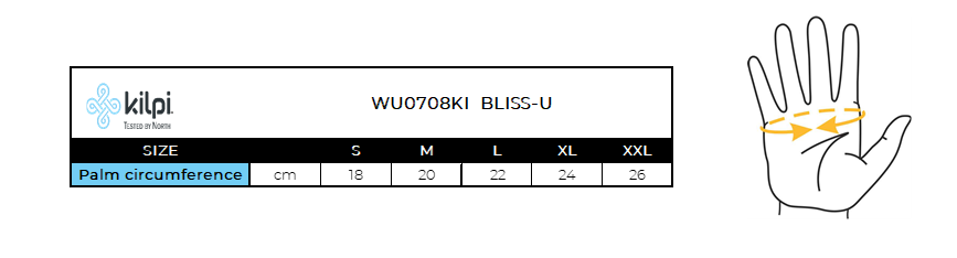 Lyžiarske rukavice Kilpi BLISS-U – Tabuľka veľkostí