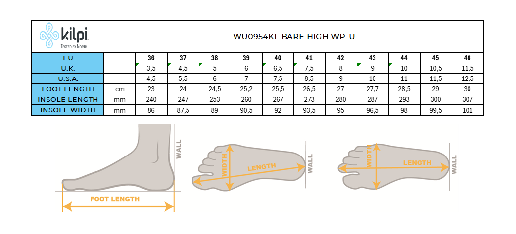 Kilpi BARE HIGH WP-U barefoot outdoorová obuv – Tabuľka veľkostí