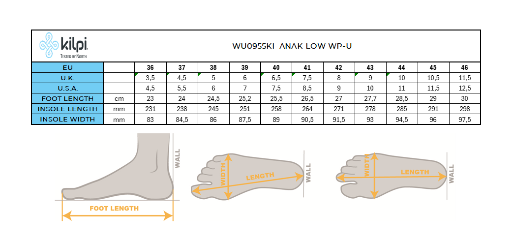 Kilpi ANAK LOW WP-U low outdoor shoes – Size chart
