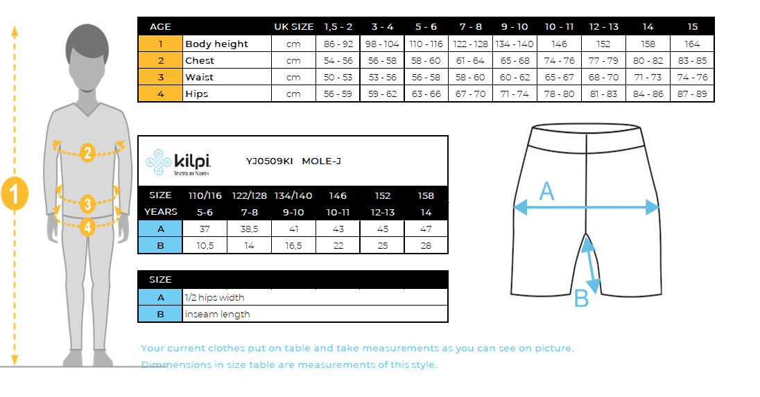 Kid's outdoor shorts Kilpi MOLE-J – Size chart
