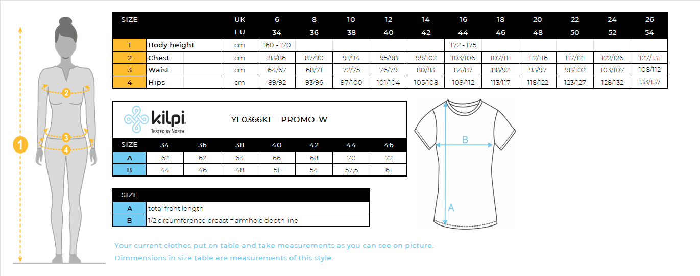 Women's cotton T-shirt Kilpi PROMO-W – Size chart