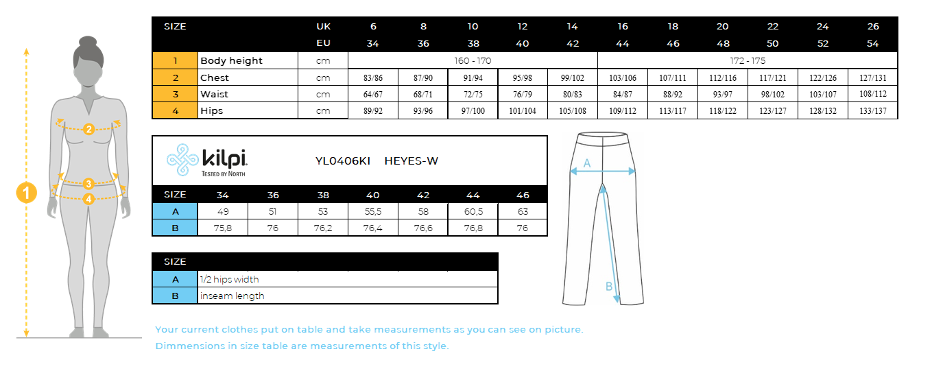 Women's running track pants Kilpi HEYES-W – Size chart