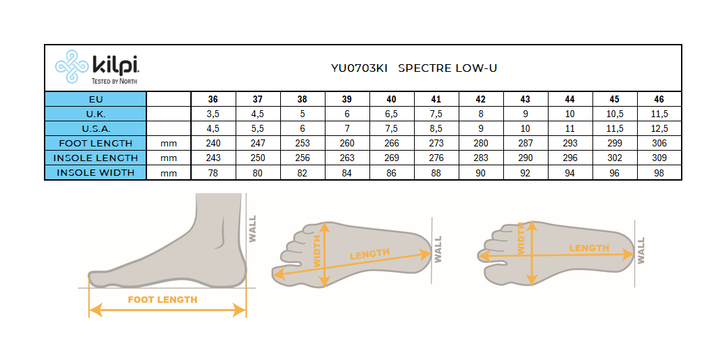 Outdoorová obuv Kilpi SPECTER LOW-U – Tabuľka veľkostí