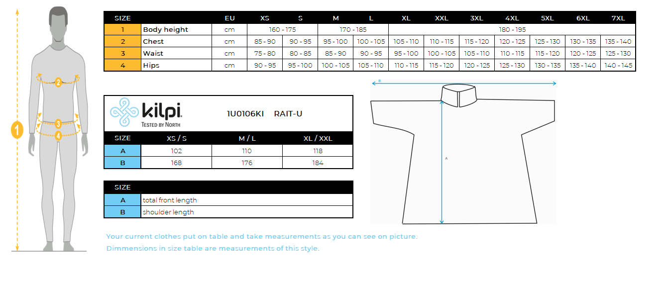 Unisex Raincoat Kilpi RAIT-U – Size chart