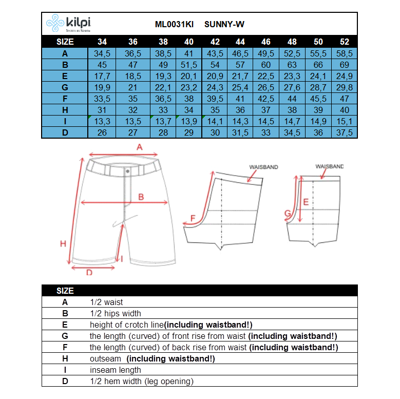 Women´s outdoor light shorts Kilpi SUNNY-W – Size chart