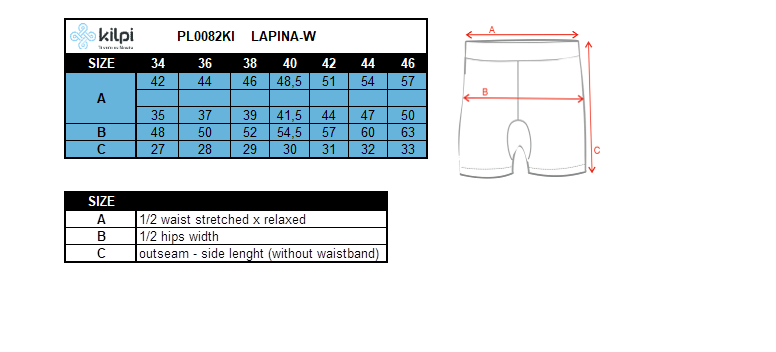 Women's running shorts Kilpi LAPINA-W – Size chart