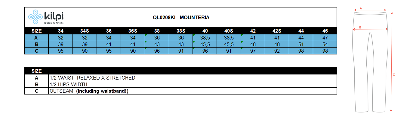 Women´s outdoor pants Kilpi MOUNTERIA-W – Size chart