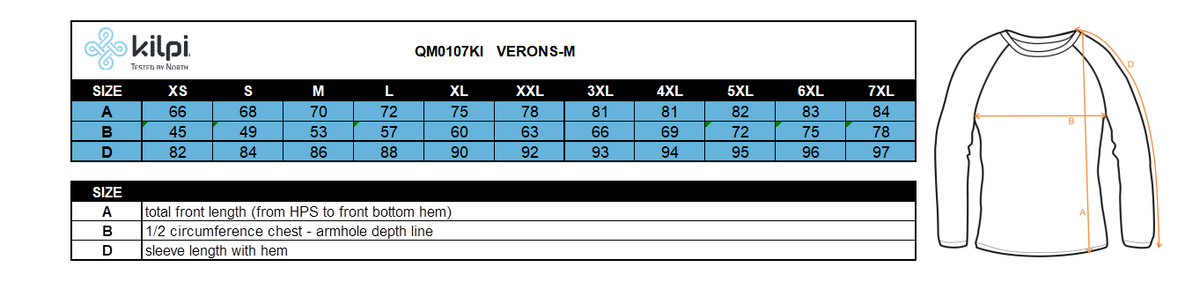 Men´s outdoor jacket Kilpi VERONS-M – Size chart