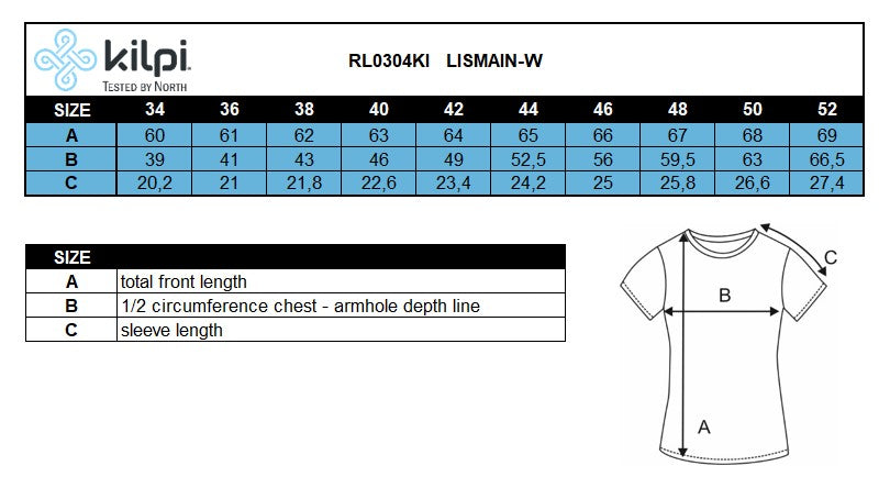 Women´s technical t-shirt Kilpi LISMAIN-W – Size chart