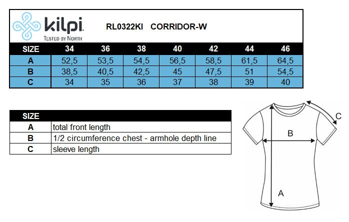 Dámsky cyklistický dres Kilpi CORRIDOR-W – Tabuľka veľkostí